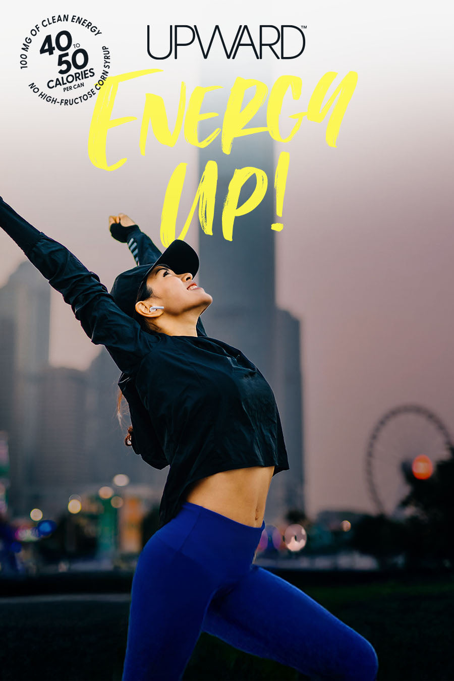 Person exercising outdoors with 'Upward Energy Up!' text and branding.