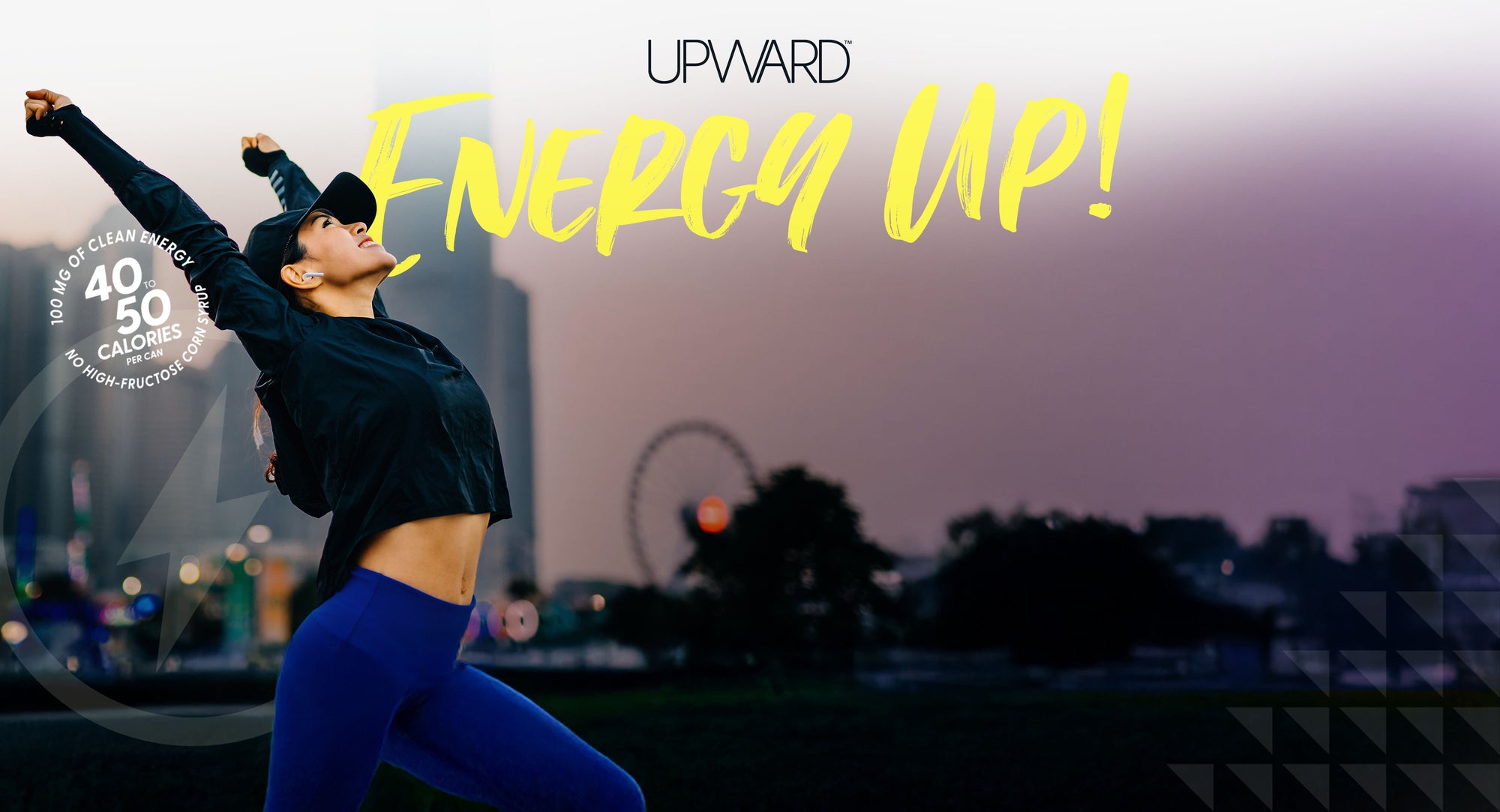 Person exercising outdoors with 'Upward Energy Up!' text and fitness logo.