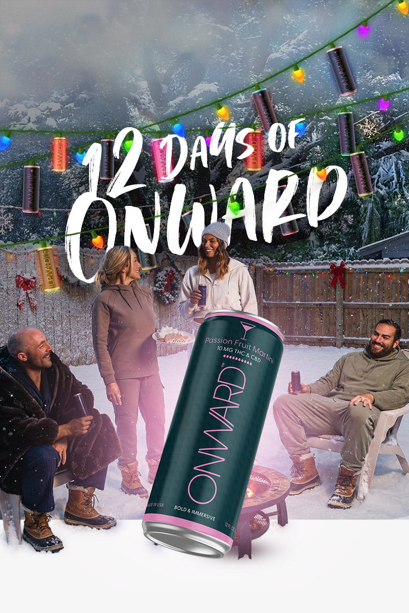 People sitting around a fire pit in the snow with '12 Days of Onward' text and Passion Fruit Martini Feature
