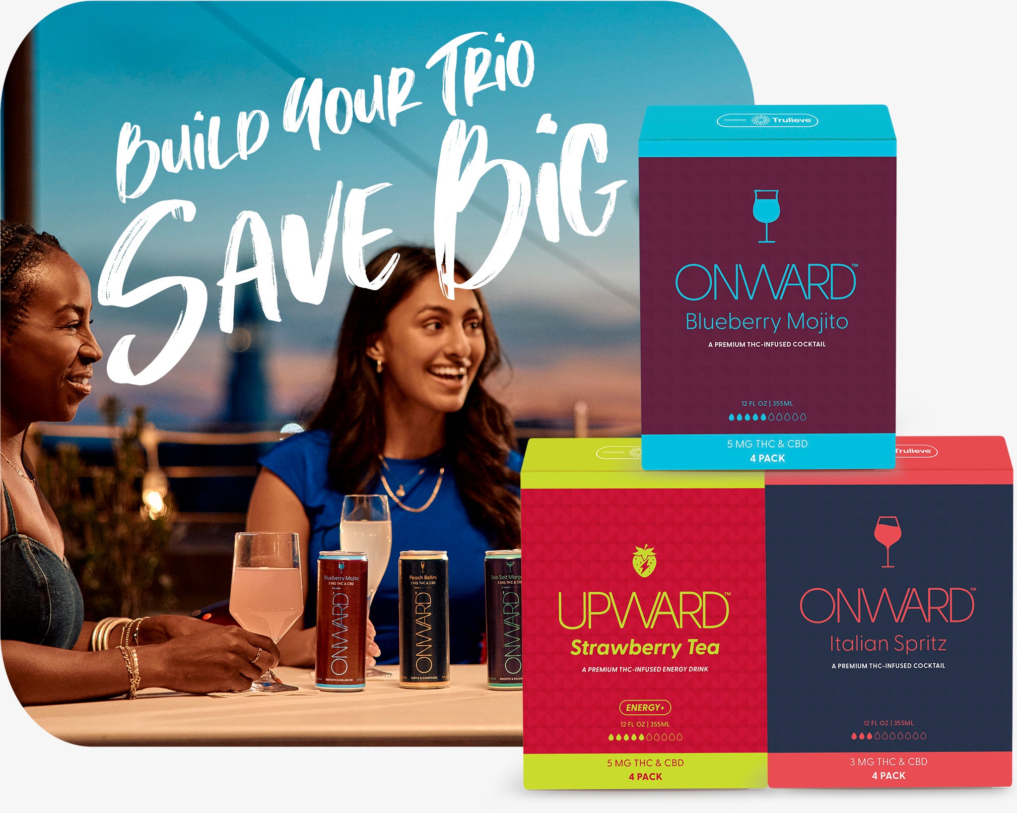 Onward beverage boxes with two women enjoying drinks in the background