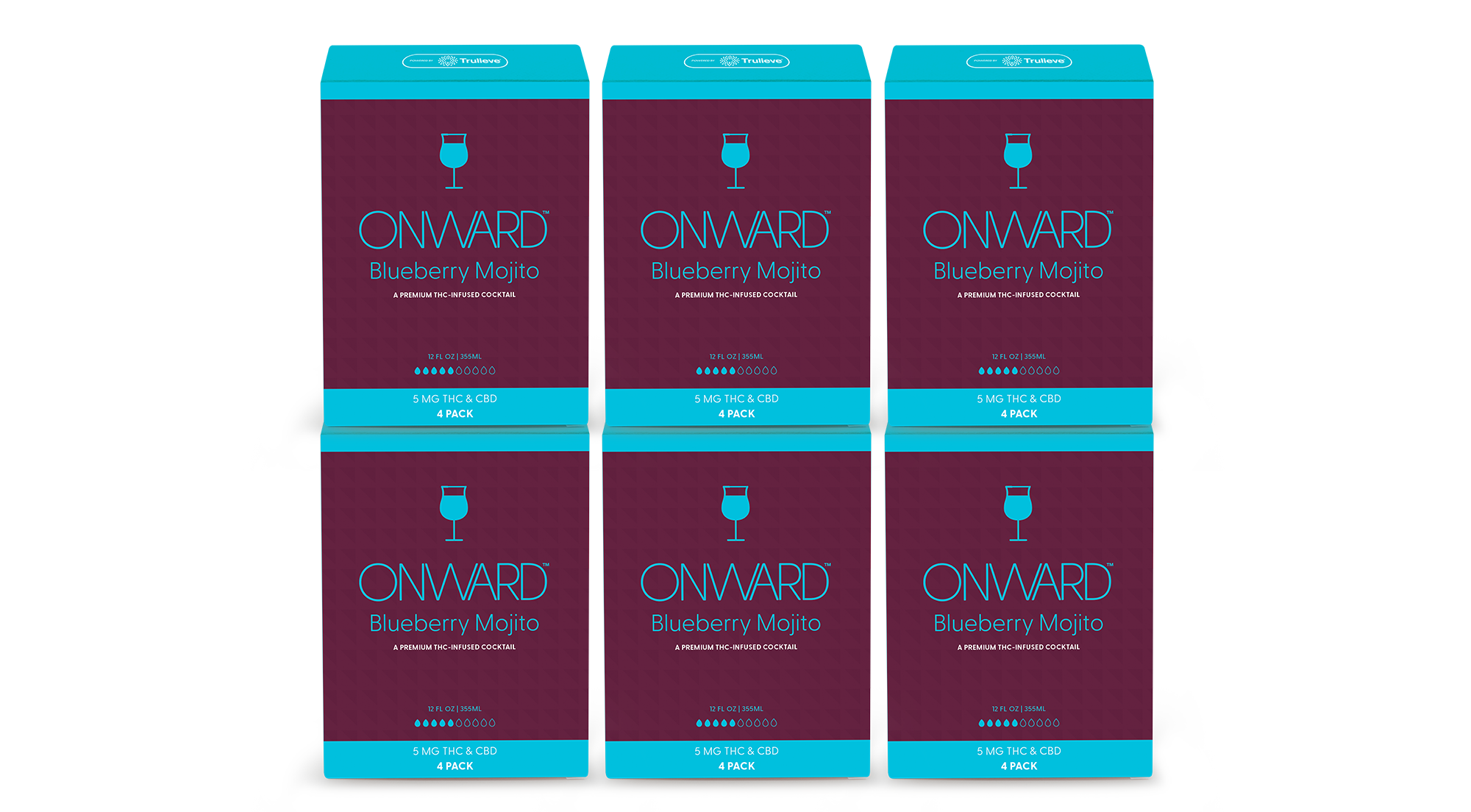 Three boxes of Onward Blueberry Mojito on a white background