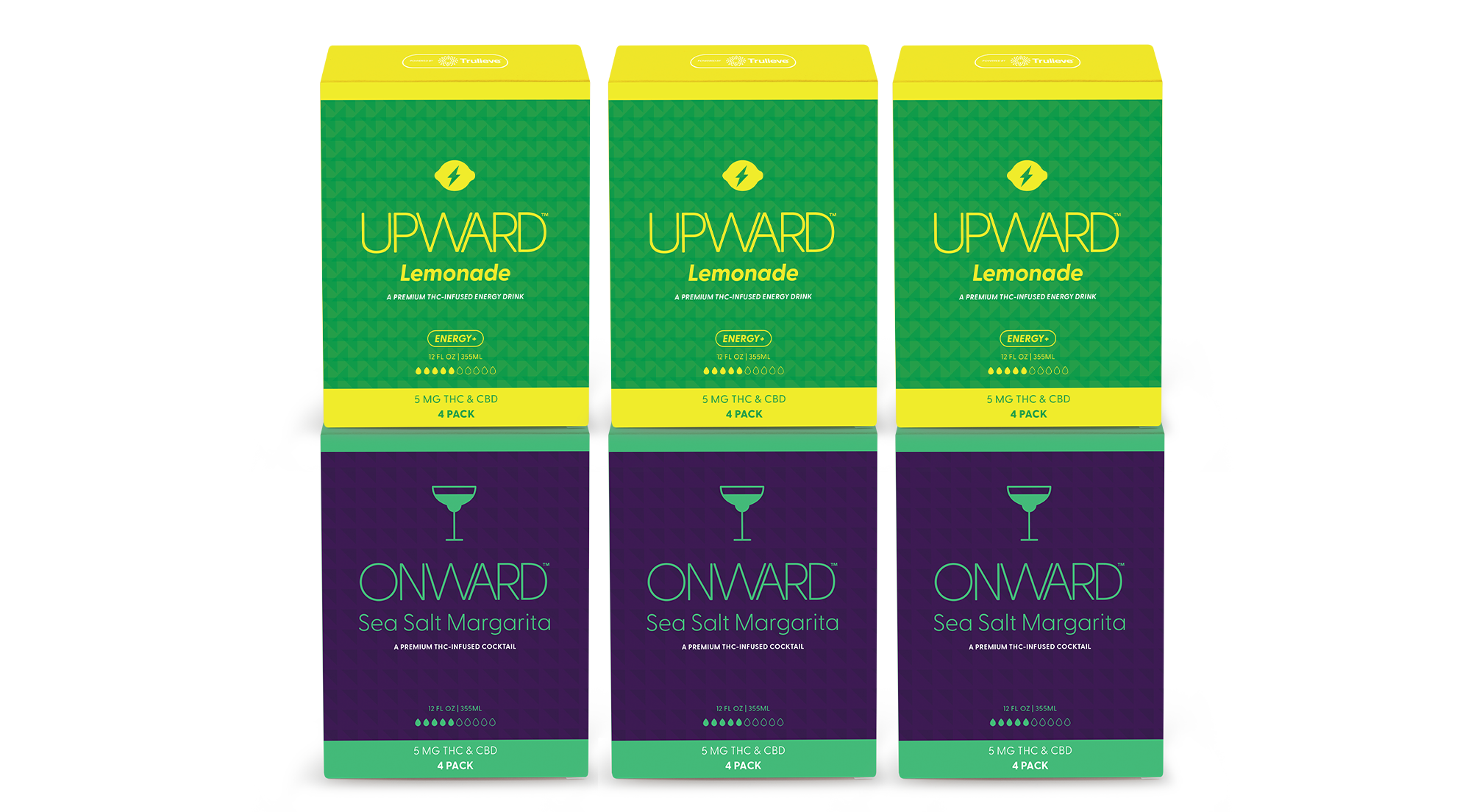 Three boxes of Upward Lemonade and three boxes of Onward Sea Salt Margarita on a white background