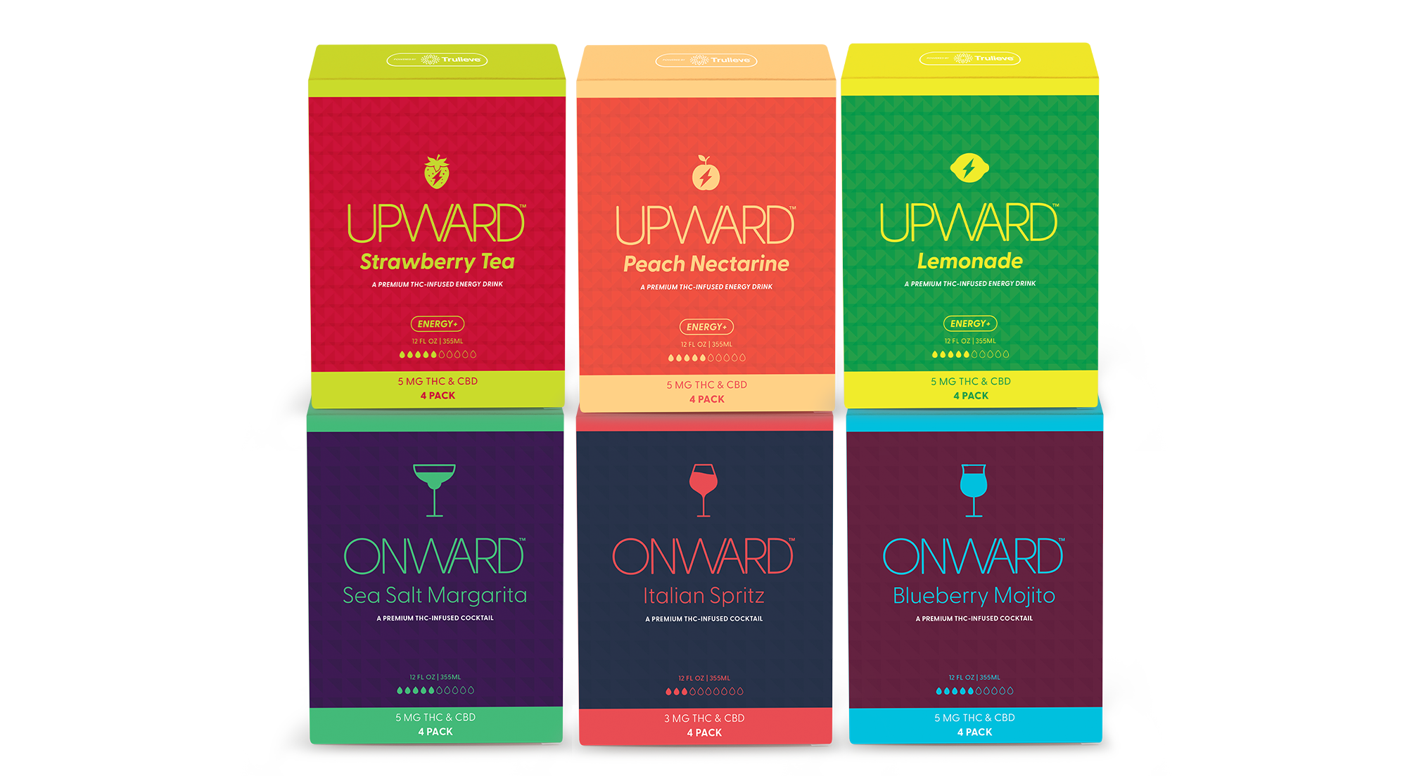 Three boxes of 'Upward' and 'Onward' drinks on a white background